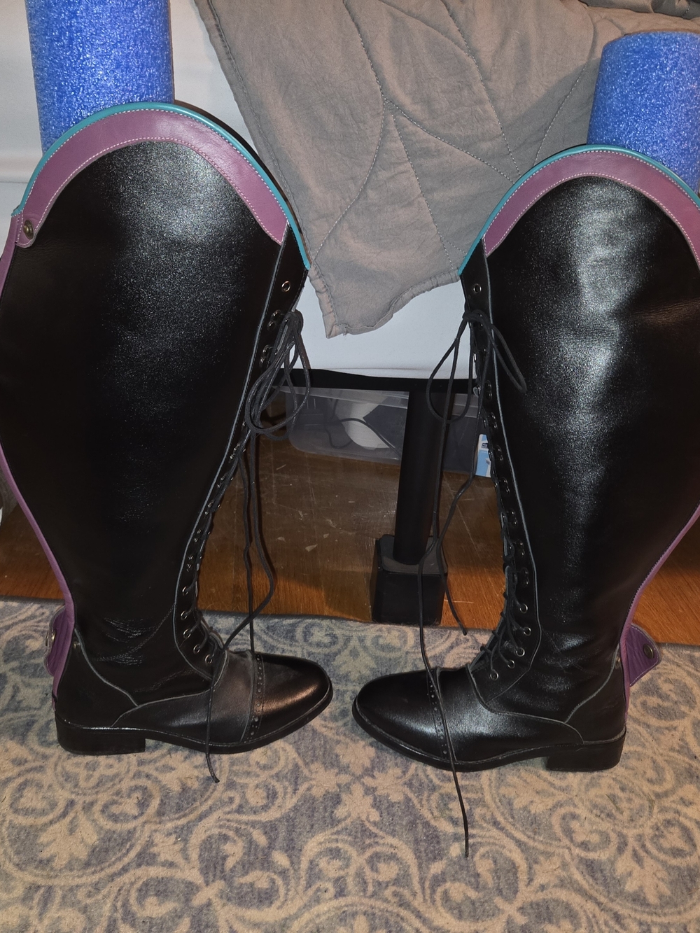 Custom Black Lace-Up Tall Riding Boots with Purple and Teal Trim